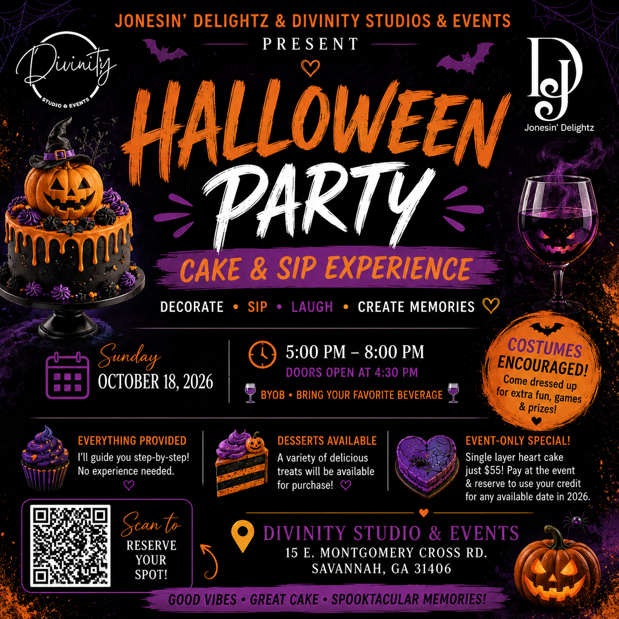 A) 🎃 Halloween Party at Divinity Studios: Cake & Sip Experience 🎃